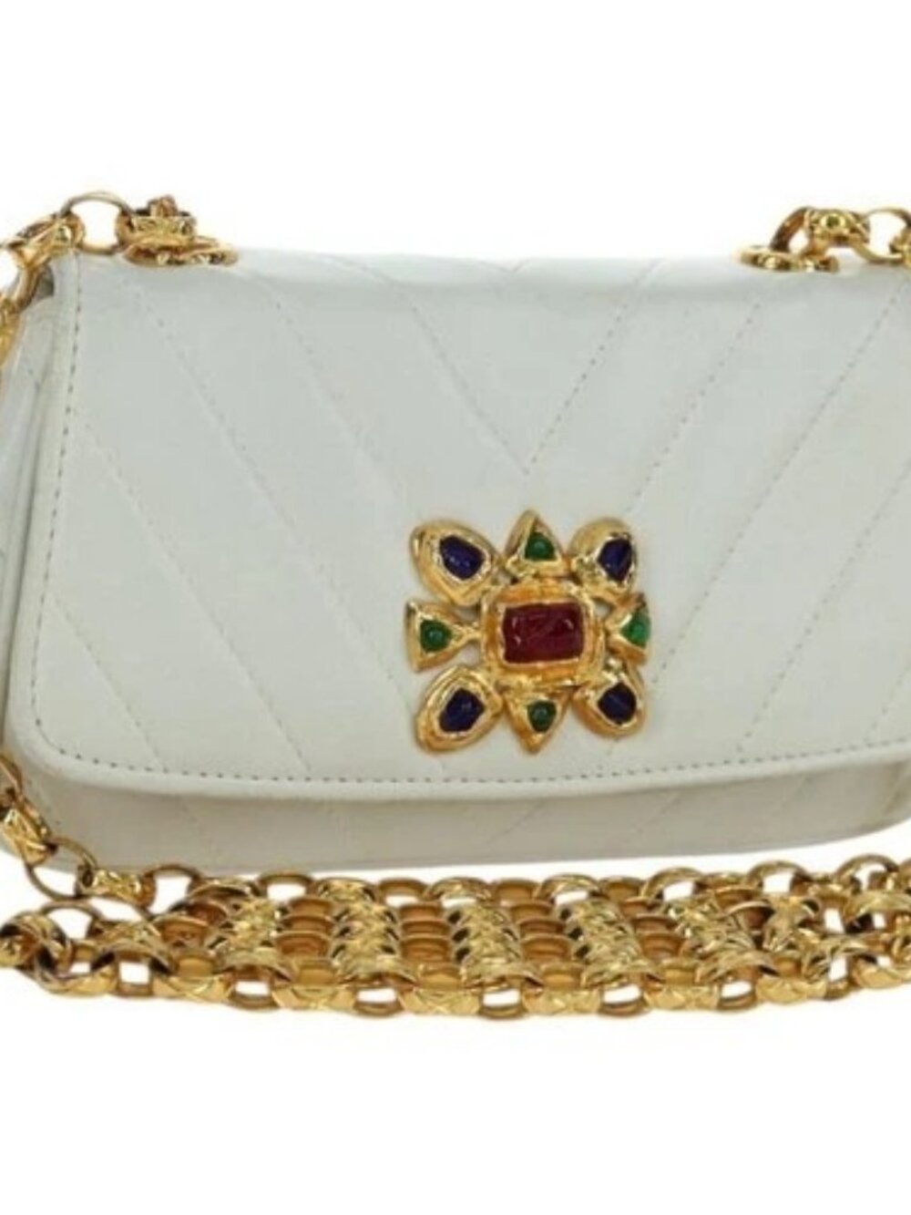 CHANEL Griboa V Stitch Chain Shoulder Bag Leather White Gold CC Auth ARZ551SAV